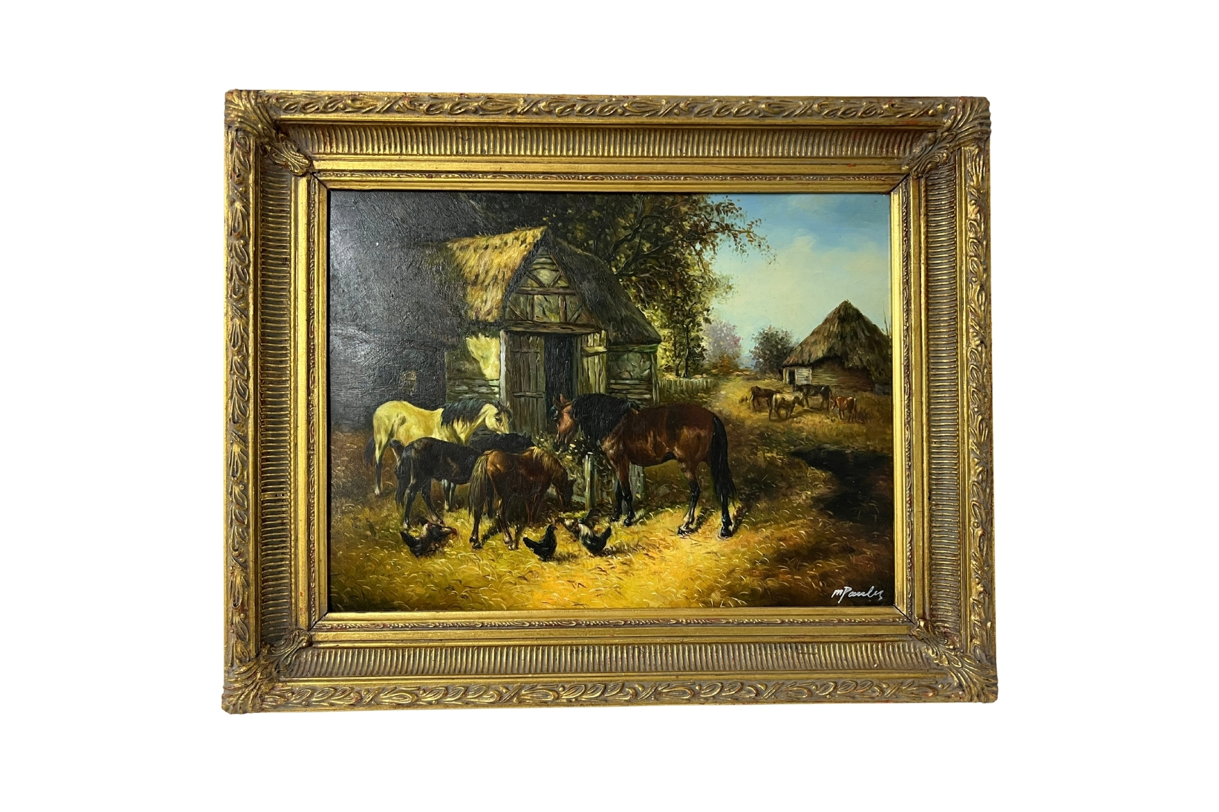 Gemälde Pferde vor Stall, 50 x 40 cm